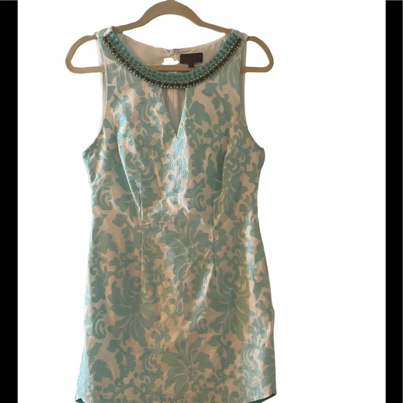 Hale Bob Dresses & Skirts - Hale Bob jacquard turquoise on cream sleeveless dress sz M beaded neck BEAUTIFUL